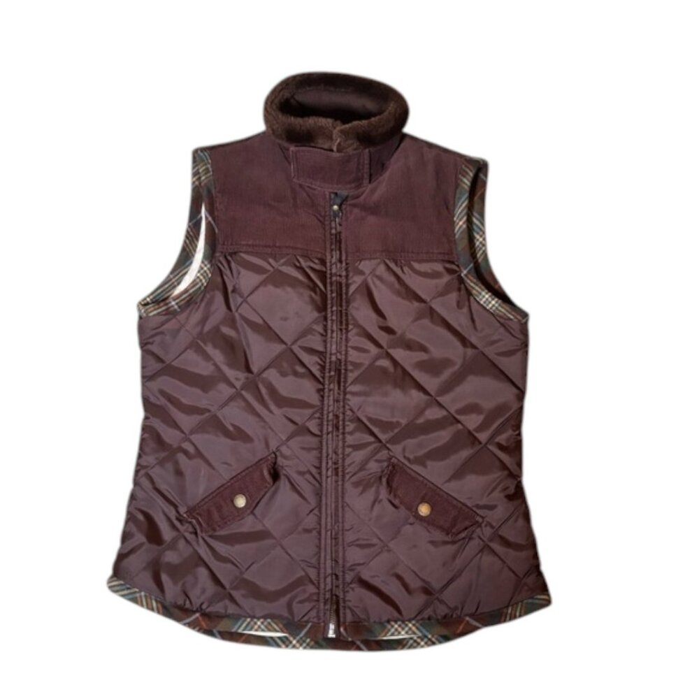 CAbi Quilted Puffer Vest Brown Corduroy Collar Plaid Lined Pockets Medium